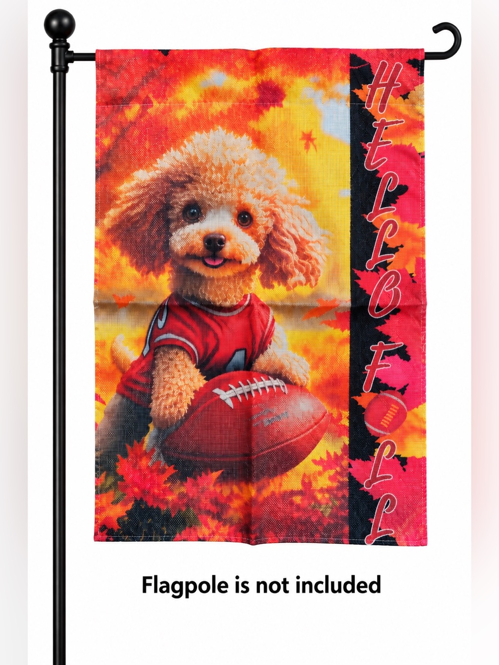 Garden Flag, “Hello Fall” football poodle, burlap, double-sided, 12”x18”